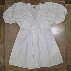 A New Day White Puff Sleeve V-Neck Babydoll Dress Pockets Size M